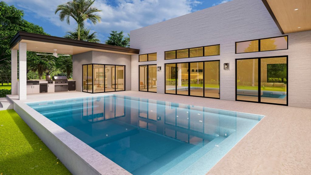Modern home with a rectangular swimming pool