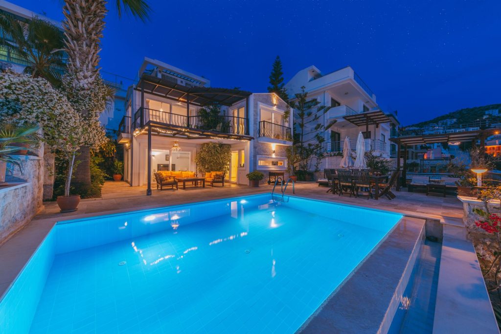 Backyard pool with automated lighting in the evening